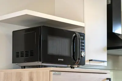 a microwave oven sitting on top of a cabinet at Hiša PolajnArh in Bohinj