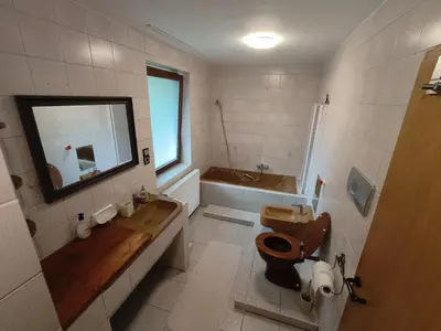 a bathroom with a sink and a toilet and a tub at Apartment Magnolia in Blejska Dobrava