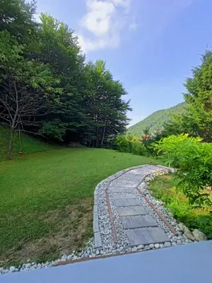 a stone walkway leading to a yard with trees at Apartment Magnolia in Blejska Dobrava
