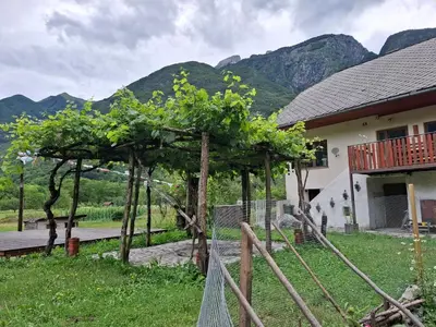 a fence in front of a house with mountains in the background at Kamer Luna in Log Čezsoški