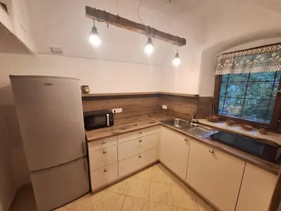 a kitchen with a refrigerator and a sink at Vila Anton in Dobrna