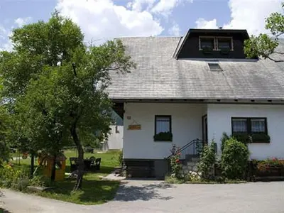 a white house with a tree in front of it at Sobe Cvetek in Bohinj