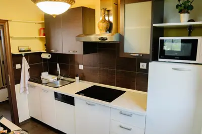 a kitchen with a white refrigerator and a microwave at Brioni Hills - Premium Escape in Šmarje pri Jelšah