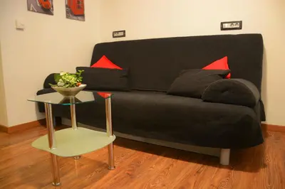 a black couch with red pillows and a table at Apartment Arpa in Ljubljana