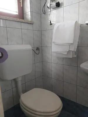 a bathroom with a toilet and a sink and towels at Rooms Zagon in Postojna