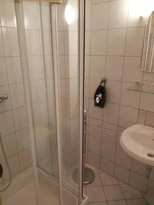 a shower with a glass door next to a sink at Rooms Zagon in Postojna