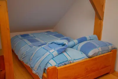 a wooden bed with blue sheets in a room at Zidanica Krošelj in Raka