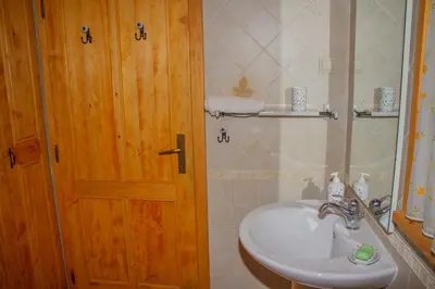 a bathroom with a sink and a wooden door at Zidanica Krošelj in Raka