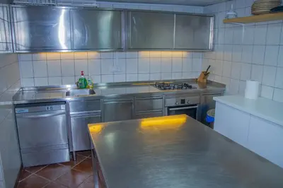 a kitchen with a stainless steel counter top at Zidanica Krošelj in Raka