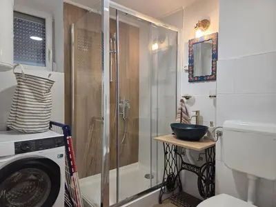 a bathroom with a shower and a washing machine at Cozy Apartment Adriana in Spodnji Duplek