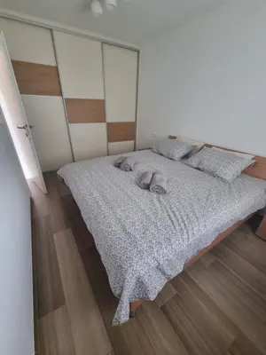 a bedroom with a bed with a large mirror at Vipava Valley Stay - Apartment Miki - With Patio, Parking & Pets OK in Ajdovščina