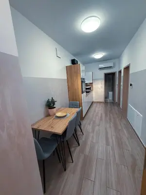 a kitchen and dining room with a wooden table and chairs at L Apartment II in Maribor