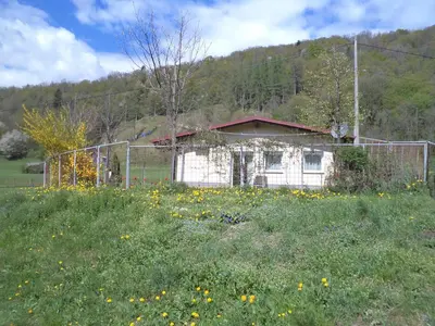 an old house in the middle of a field of flowers at Apartments Petrin in Tolmin