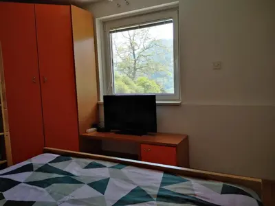 a bedroom with a window and a bed and a television at Apartment Zadraga in Tolmin