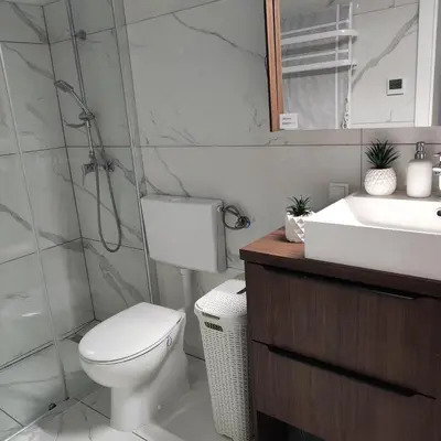 a bathroom with a toilet and a sink and a shower at Elegant City Escape Old Town Ptuj Apartment in Ptuj
