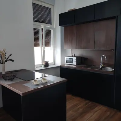 a kitchen with black cabinets and a counter top at Elegant City Escape Old Town Ptuj Apartment in Ptuj