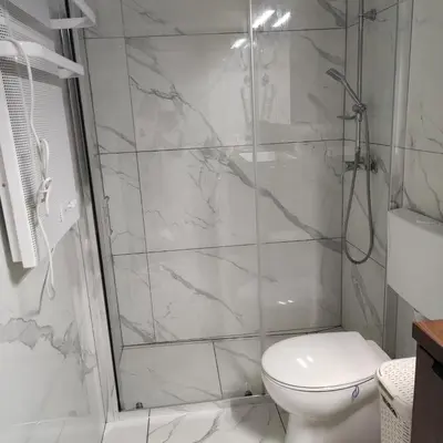 a bathroom with a shower and a toilet at Elegant City Escape Old Town Ptuj Apartment in Ptuj