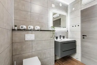 a bathroom with a sink and a toilet at Apartmaji Gašperčič, NEJC in Bovec