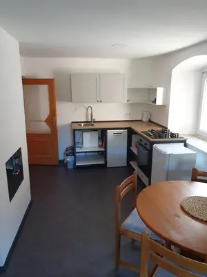 a small kitchen with a table and a table and chairs at Apartment old house Koren in Tržič