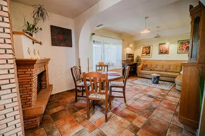 a living room with a table and chairs and a fireplace at B&B Apartment Racman in Brežice
