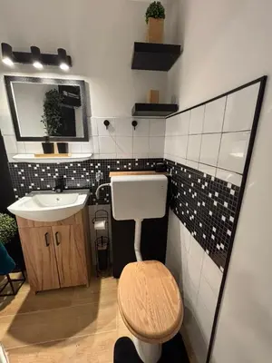 a bathroom with a sink and a toilet and a mirror at Studio Lent Riverstay in Maribor