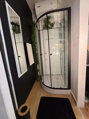 a shower in a bathroom with a black wall at Studio Lent Riverstay in Maribor