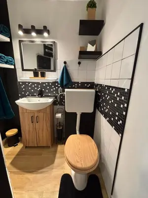 a small bathroom with a sink and a toilet at Studio Lent Riverstay in Maribor