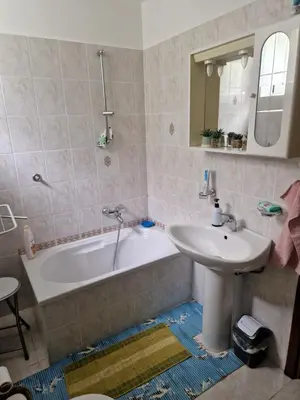 a bathroom with a sink and a bath tub and a sink at Apartma Zeleni mir in Dobravlje