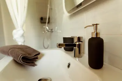 a bathroom sink with a soap dispenser on it at Apartments Gorishka in Ljubljana