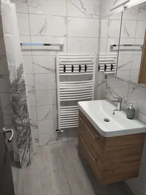 a white bathroom with a sink and a mirror at Družinski apartmaji Judnič in Adlešiči