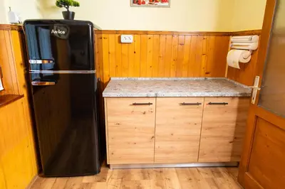 a kitchen with a black refrigerator and wooden cabinets at Hiška Nives in Krstenica
