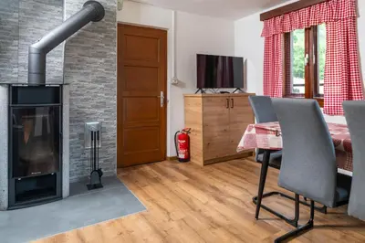 a living room with a fireplace and a bedroom at Hiška Nives in Krstenica