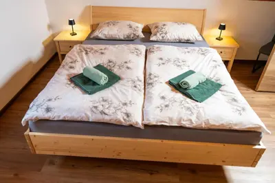 two beds in a bedroom with two green pillows at Hiška Nives in Krstenica