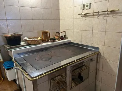 a kitchen with a stove top oven in a kitchen at Hiša p'r Kobalu in Idrija