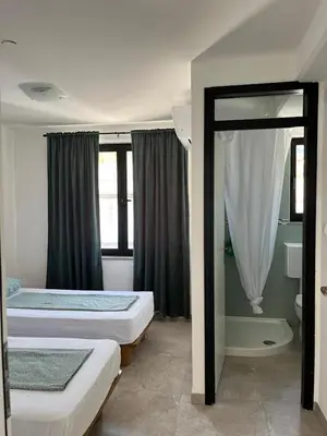 a bedroom with two beds and a bathroom with a shower at Odisej House Tolmin in Tolmin