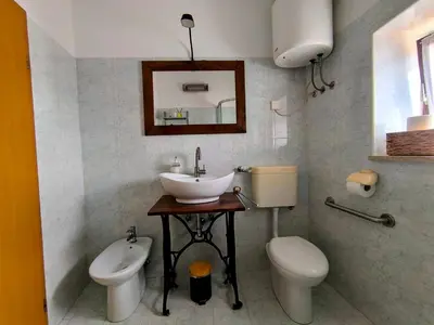 a bathroom with a sink and a toilet and a mirror at Apartment Valetovi in Štanjel
