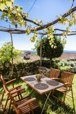 a table and chairs in a yard with a table and two chairs at Apartment Valetovi in Štanjel
