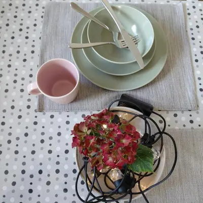 a table with a plate and a bowl of flowers and a cup of coffee at Pr DOLENC in Petrovče