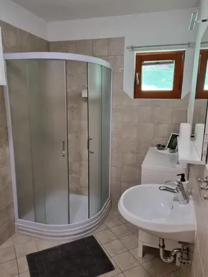a bathroom with a glass shower and a sink at Pr DOLENC in Petrovče