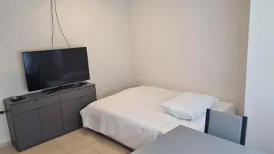 a small room with a bed and a flat screen tv at Apartma Danica in Kobarid