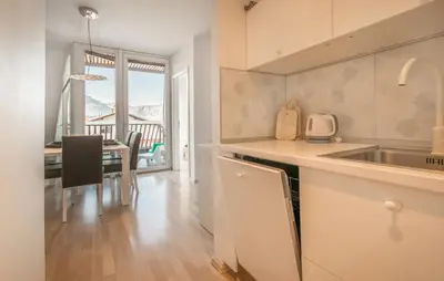 a kitchen with a sink and a dining table at Apartments Eurolux - Bohinjska Bistrica in Bohinj