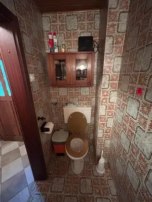 a small bathroom with a toilet in a room at Hiša p'r Kobalu- in Idrija