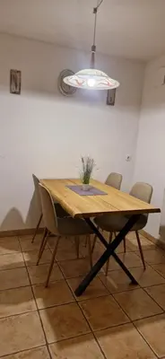 a dining room table with chairs and a potted plant on it at Apartment Brina in Kranjska Gora