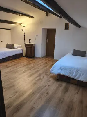 a bedroom with two beds and a wooden floor at Hiša Margarita in Ajdovščina