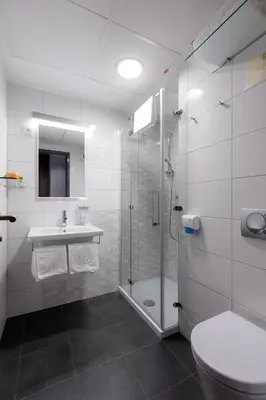 a bathroom with a shower and a toilet and a sink at Hotel Florjančkov Hram in Ljubljana