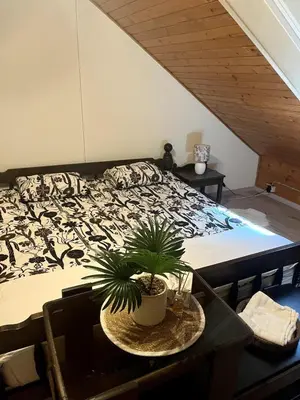 a bedroom with a bed and a table with a plant at Bled Lakeview Apartment Elizabeth in Bled