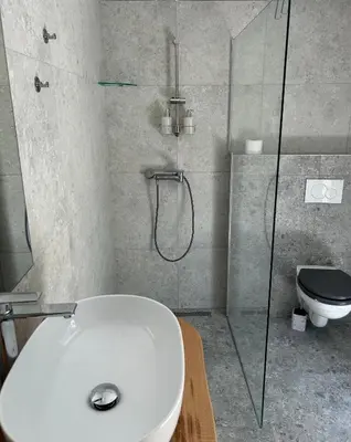 a bathroom with a shower and a sink and a toilet at Studio apartment in nature with sauna in Postojna