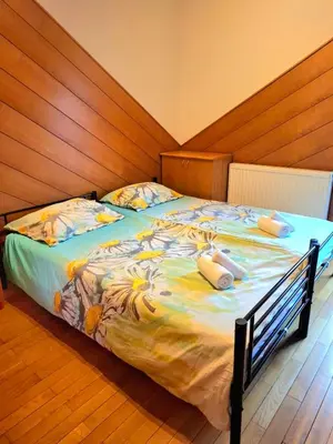 a bedroom with a large bed with a wooden headboard at Rooms Lublana in Ljubljana
