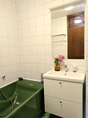 a bathroom with a green tub and a sink and a bath tub at Rooms Lublana in Ljubljana