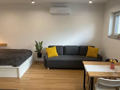 a living room with a couch and a bed at Apartma Tomy in Domžale